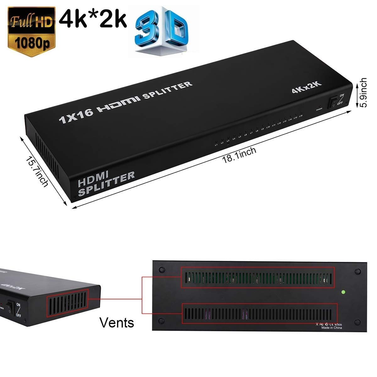 1x16 1 In 16 Out HDMI Splitter, HDMI Splitter Video Audio 1080P HD HDTV 3D