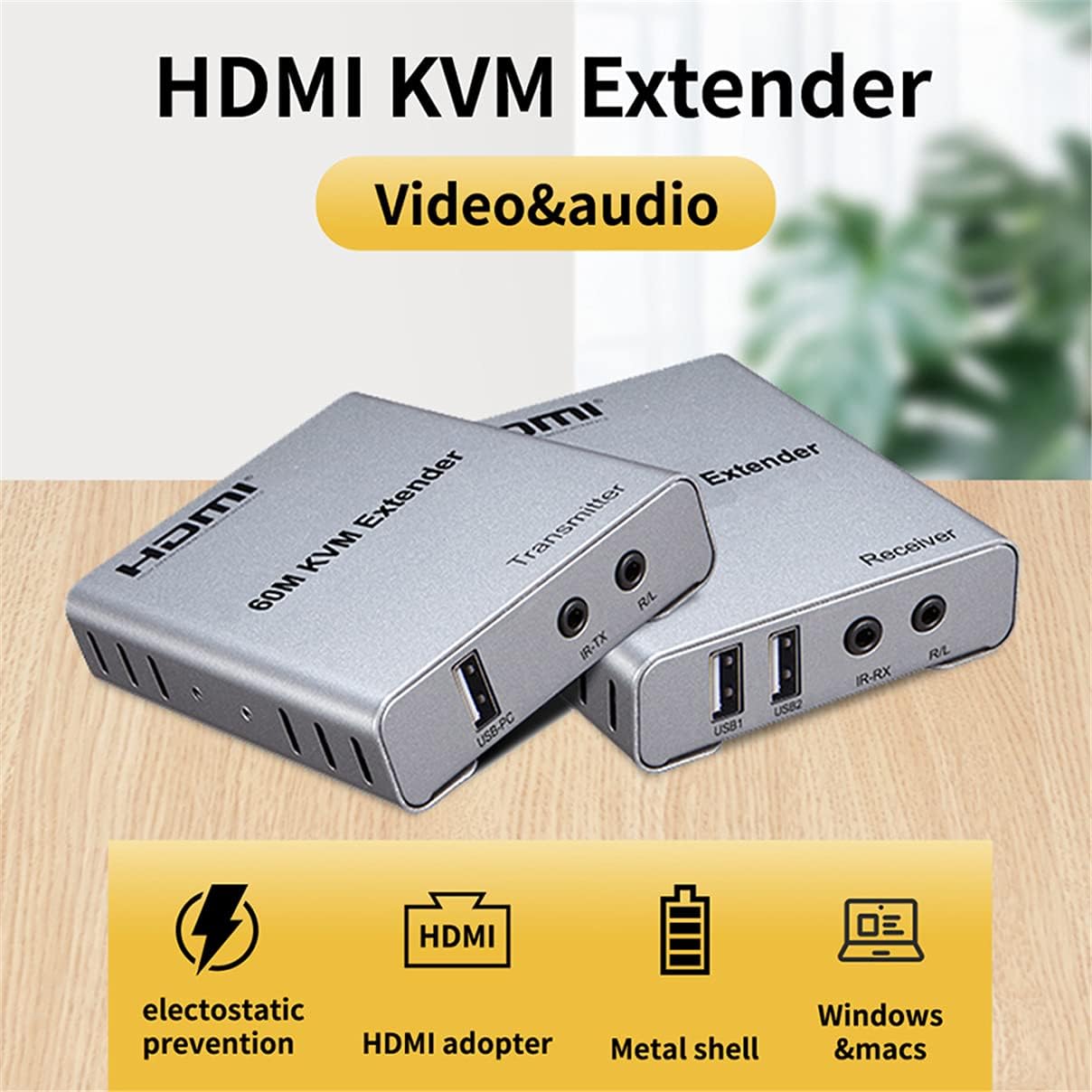 60M USB KVM HDMI Extender ，with 1080P R/L Audio by CAT5E Cat6 RJ45 Ethernet Cable Transmitter Receiver Audio Video Converter PC Laptop to TV Monitor