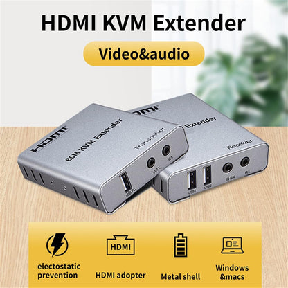 60M USB KVM HDMI Extender ，with 1080P R/L Audio by CAT5E Cat6 RJ45 Ethernet Cable Transmitter Receiver Audio Video Converter PC Laptop to TV Monitor