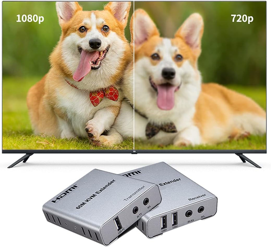 60M USB KVM HDMI Extender ，with 1080P R/L Audio by CAT5E Cat6 RJ45 Ethernet Cable Transmitter Receiver Audio Video Converter PC Laptop to TV Monitor