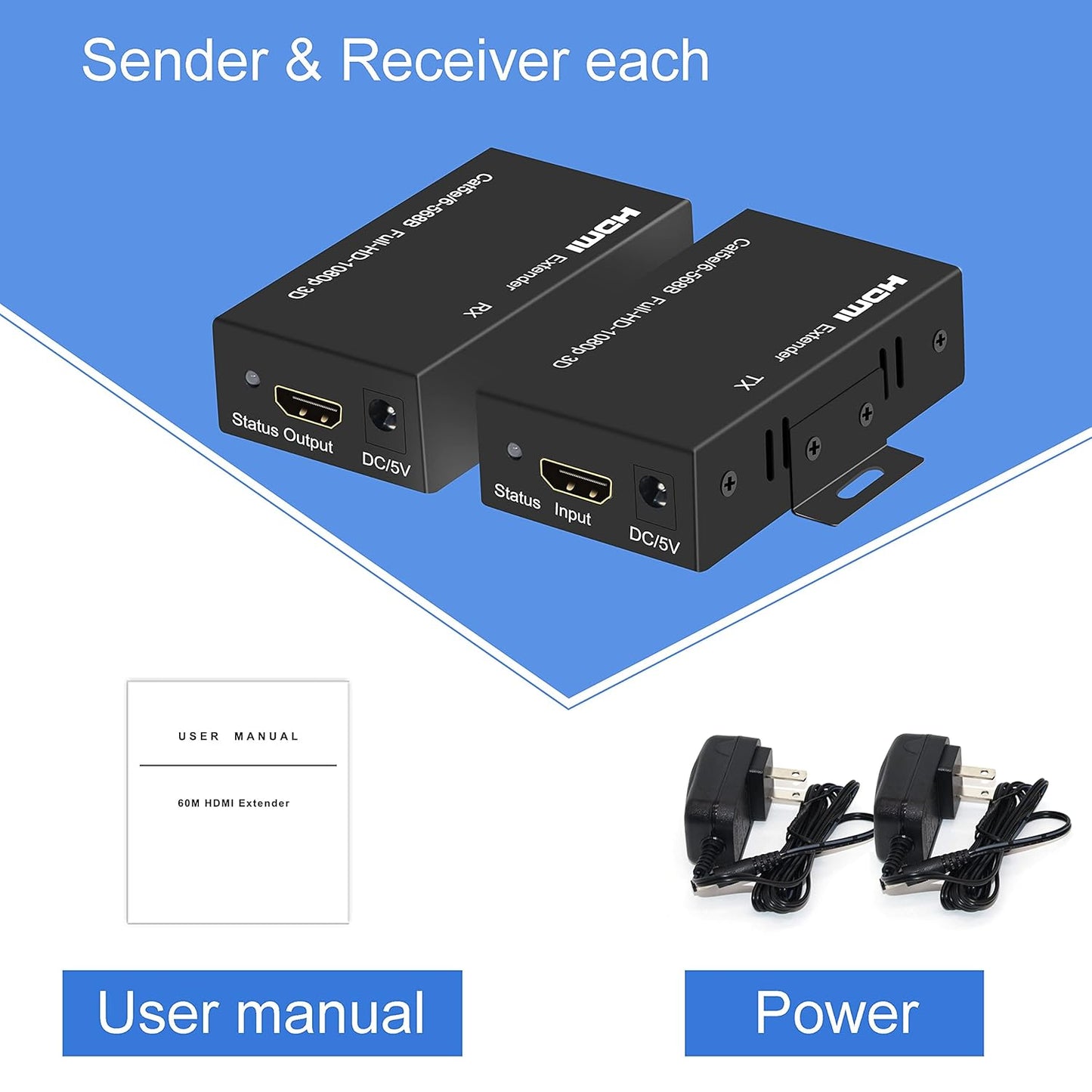 60M HDMI Extender Repeater Transmitter/Sender + Receiver Over Cat5 / Cat6 Upto 60 Meters