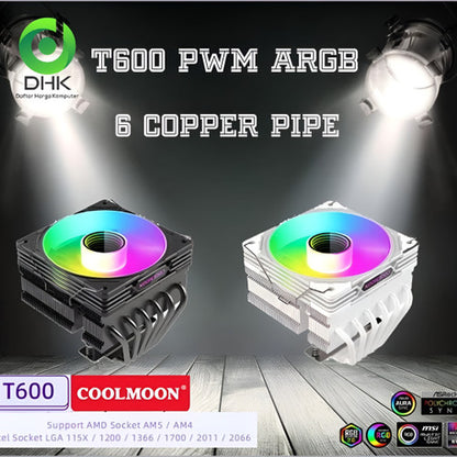COOLMOON ARGB Sync Strong Wind 6 Heat Pipes 120mm Gaming CPU Cooler-T600