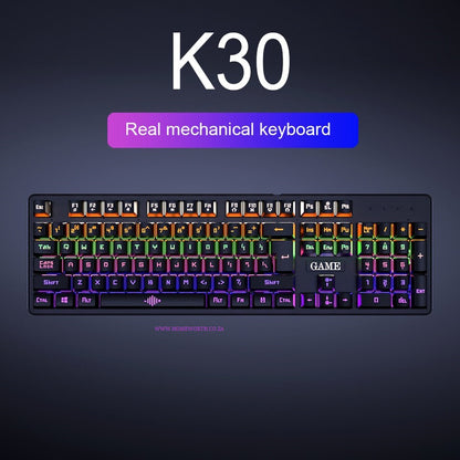 K30 USB Wired Gaming Mechanical Keyboard 104 Keys NKRO Luminous Blue Switch RGB Backlit Keyboard