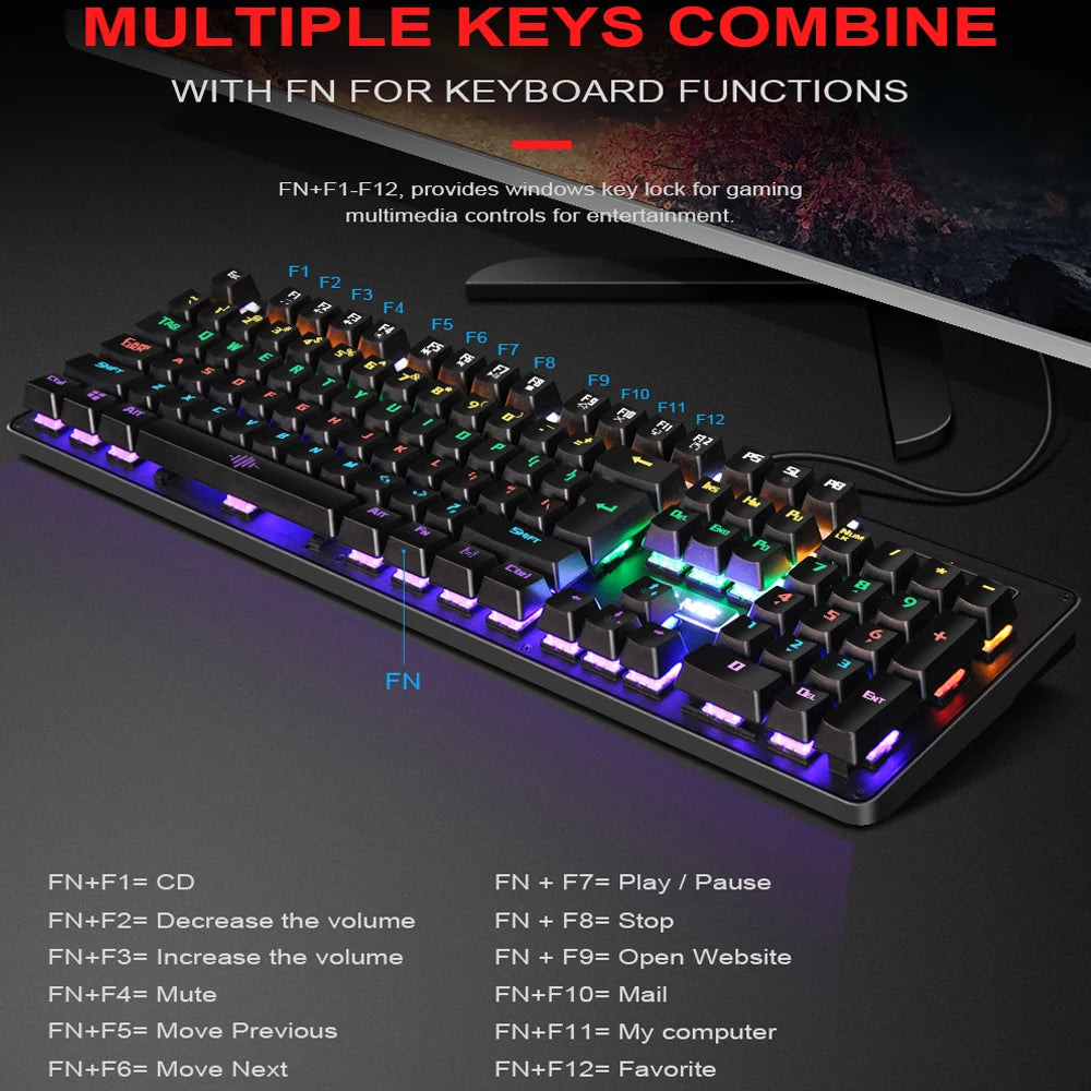 K30 USB Wired Gaming Mechanical Keyboard 104 Keys NKRO Luminous Blue Switch RGB Backlit Keyboard