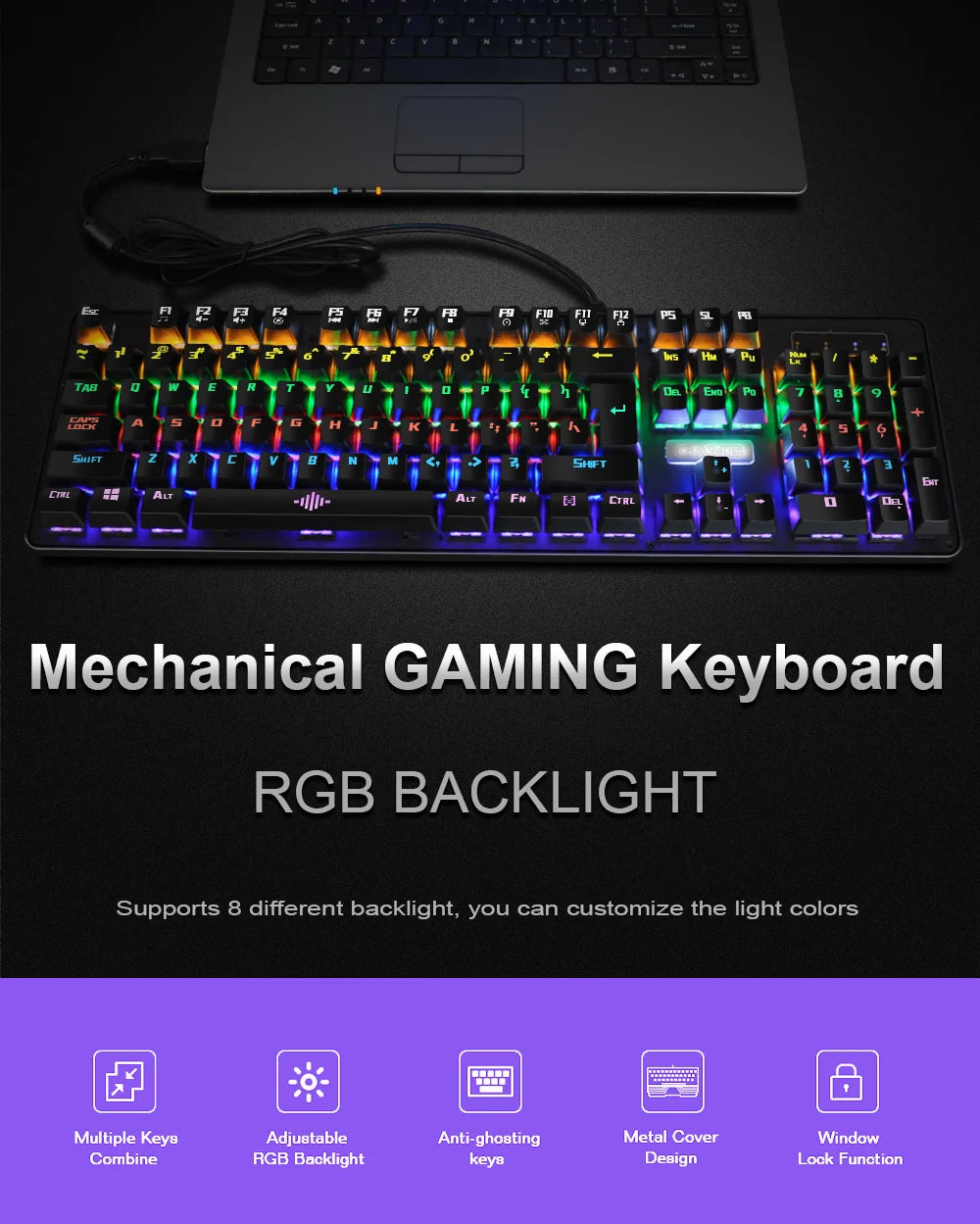 K30 USB Wired Gaming Mechanical Keyboard 104 Keys NKRO Luminous Blue Switch RGB Backlit Keyboard