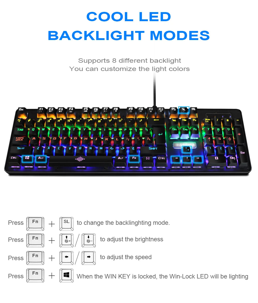 K30 USB Wired Gaming Mechanical Keyboard 104 Keys NKRO Luminous Blue Switch RGB Backlit Keyboard